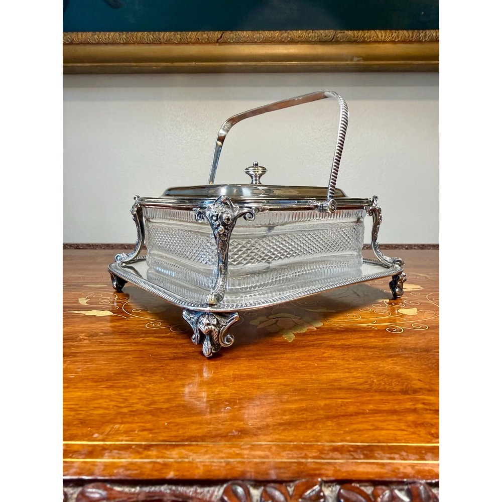 Antique William Hutton & Sons Silver Plate Biscuit Box with Cut Glass Insert
